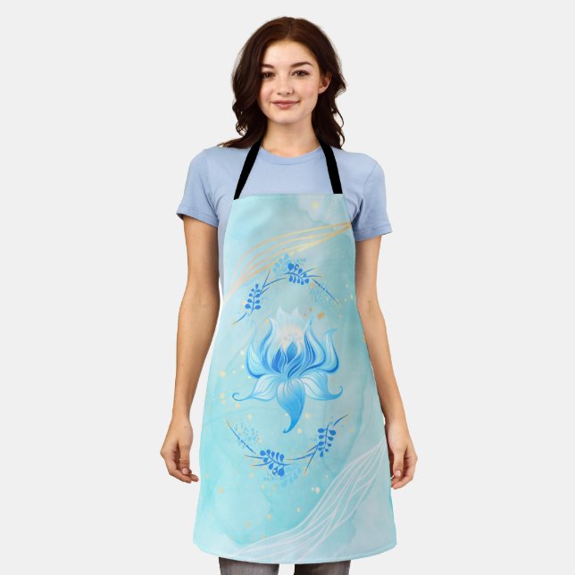 Lotus of Azure Light – Serene Floral  Apron (Worn)