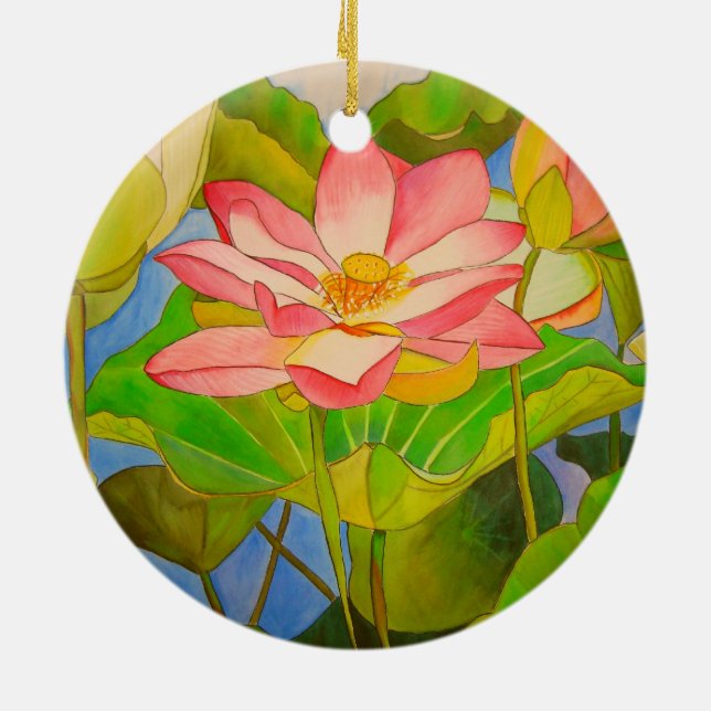 Lotus pink waterlily watercolor art painting ceramic ornament (Back)