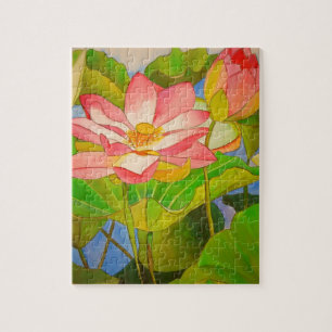 Lotus pink waterlily watercolor art painting jigsaw puzzle