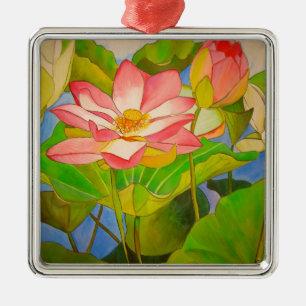 Lotus pink waterlily watercolor art painting metal ornament