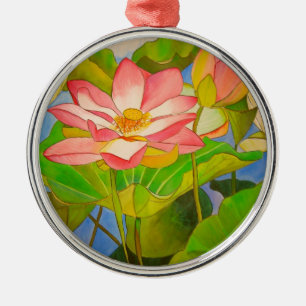 Lotus pink waterlily watercolor art painting metal ornament