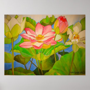 Lotus pink waterlily watercolor art painting poster