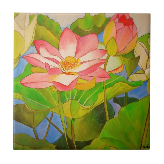 Lotus pink waterlily watercolor art painting tile (Front)