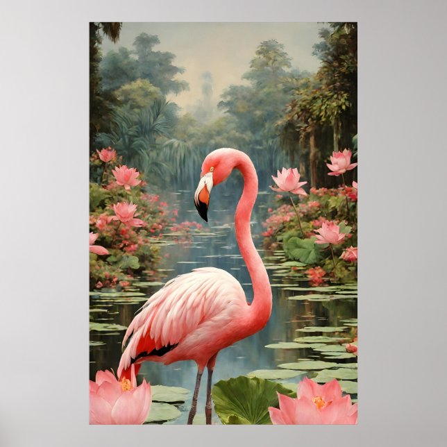 Lotus Pond Pink Flamingo Vintage Poster (Front)