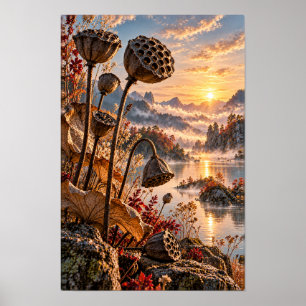 Lotus Seed Pods at Golden Sunrise Mountain Lake Wa Poster