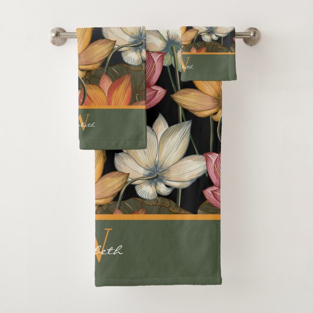 Lotus Water Lilies Rose Jaune Vert Monogramme (En situation)