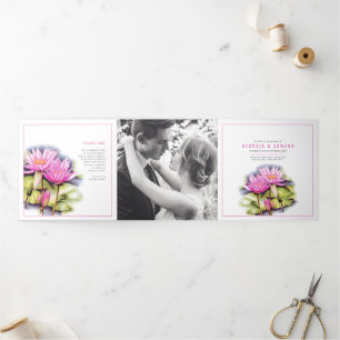 Lotus water lily pink flowers watercolor wedding Tri-Fold programme