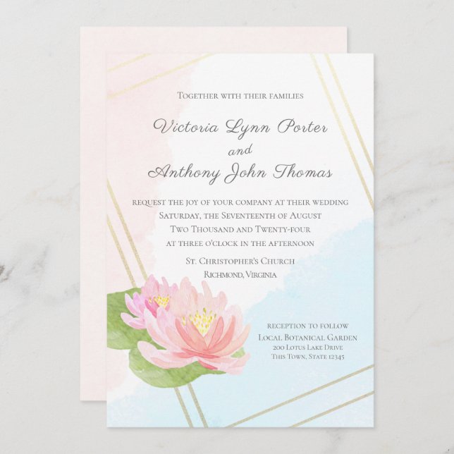 Lotus Watercolor Lake Wedding Invitation (Front/Back)
