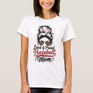 Loud Proud Baseball Mom Leopard Messy Bun T-Shirt
