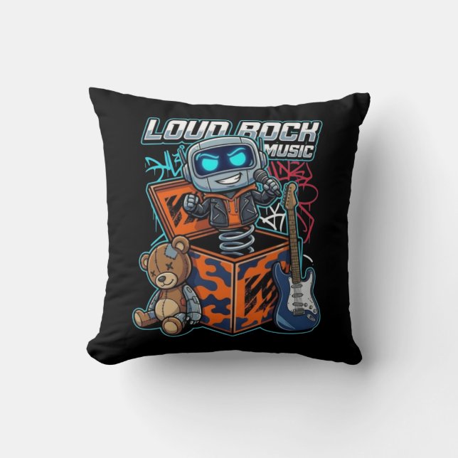 Loud Rock Music Robot Throw Pillow (Front)
