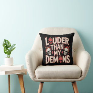 Louder Than My Demons: Gothic Skull and Flame Throw Pillow