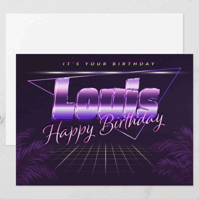 Louis Nom Prénom carte rétro violette Anniversaire (Devant / Derrière)