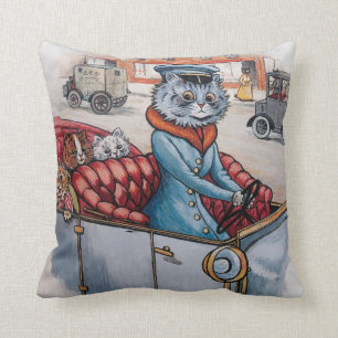 Louis Wain - Cat Chauffeur with Kittens Throw Pillow