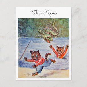 Louis Wain Funny Cartoon Fishing Cats Thank You Postcard