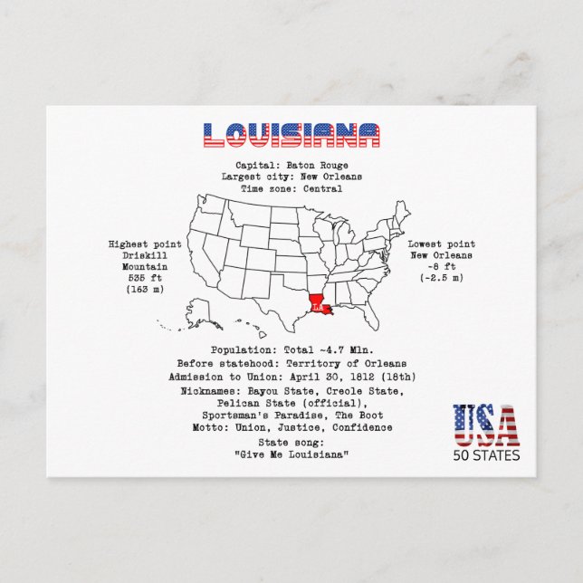 Louisiana American state on a map and useful info Holiday Postcard (Front)