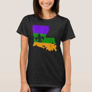 Louisiana Map With Mardi Gras Colors And Fleur De  T-Shirt