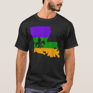 Louisiana Map With Mardi Gras Colors And Fleur De  T-Shirt