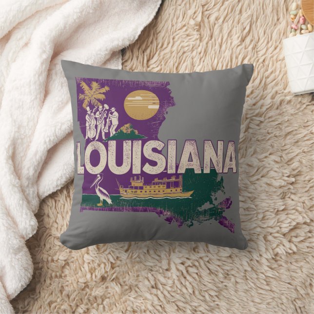 Louisiana Retro State Silhouette Throw Pillow (Blanket)