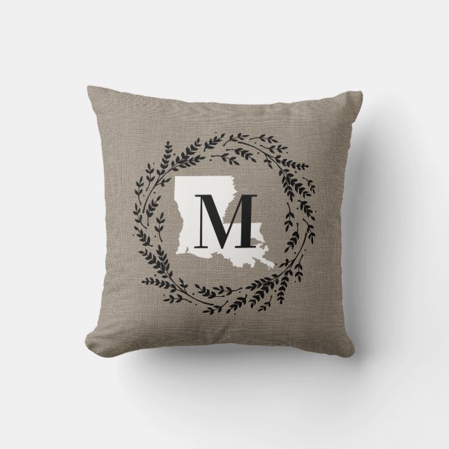 Louisiana Rustic Wreath Monogram Throw Pillow (Front)