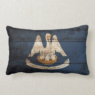 Louisiana State Flag on Old Wood Grain Lumbar Pillow
