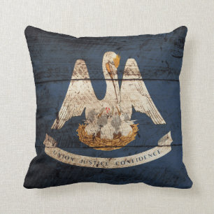 Louisiana State Flag on Old Wood Grain Throw Pillow