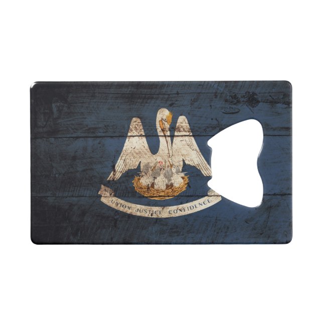 Louisiana State Flag on Old Wood Grain Wallet Bottle Opener (Front (Horizontal))