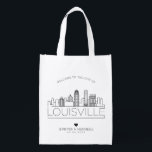 Louisville, Kentucky Wedding | Stylized Skyline Reusable Grocery Bag<br><div class="desc">A unique wedding bag for a wedding taking place in the beautiful city of Louisville,  Kentucky.  This bag features a stylized illustration of the city's unique skyline with its name underneath.  This is followed by your wedding day information in a matching open lined style.</div>