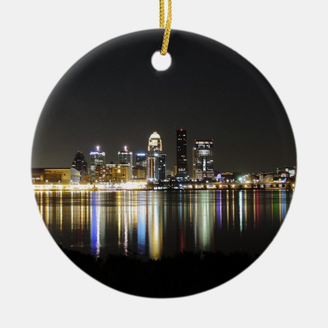 Louisville skyline at night ceramic ornament (Front)
