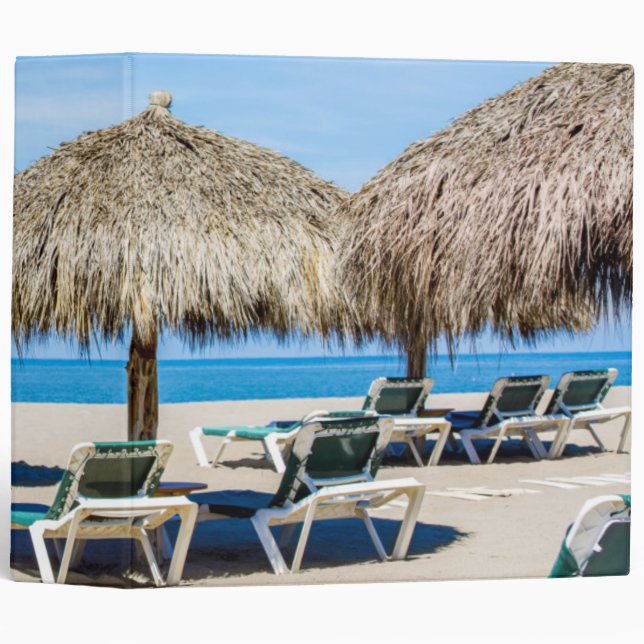 Lounge Chairs And Thatch Umbrellas On Beach Binder (Front/Spine)