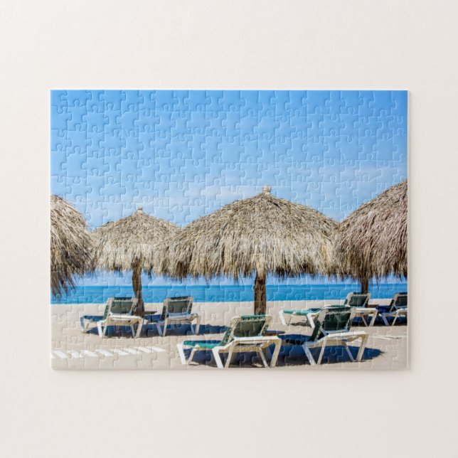 Lounge Chairs And Thatch Umbrellas On Beach Jigsaw Puzzle (Horizontal)