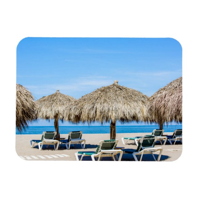 Lounge Chairs And Thatch Umbrellas On Beach Magnet (Horizontal)