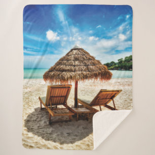 Lounge chairs on beach throw pillow