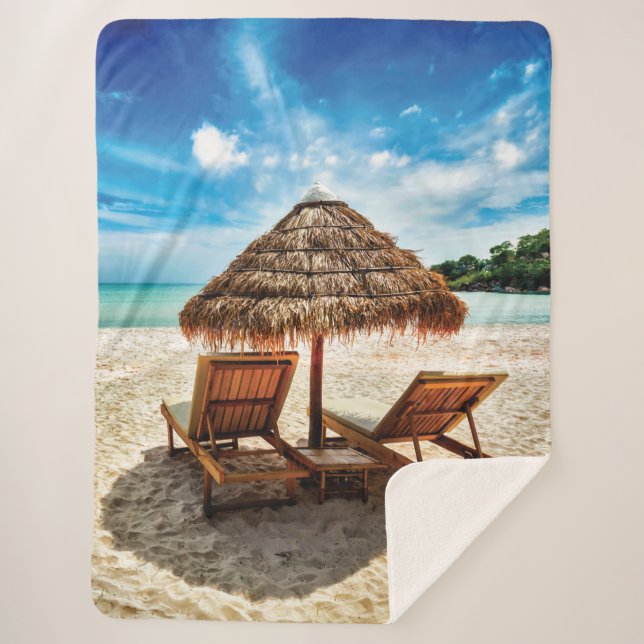 Lounge chairs on beach throw pillow (Front)