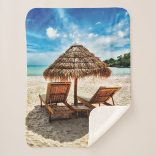 Lounge chairs on beach throw pillow