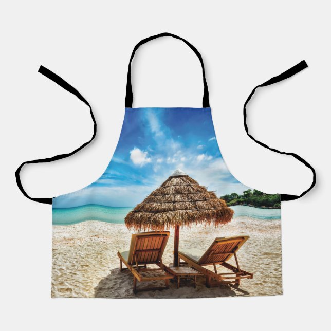 Lounge chairs on beach throw pillow apron (Front)