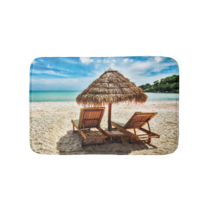 Lounge chairs on beach throw pillow bath mat