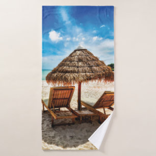 Lounge chairs on beach throw pillow bath towel