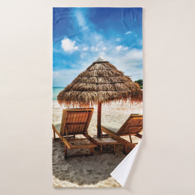 Lounge chairs on beach throw pillow bath towel (Bath Towel)