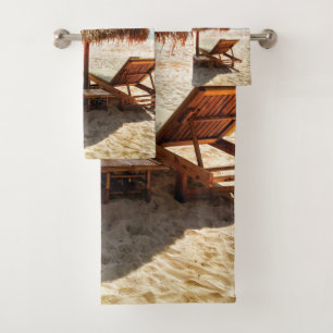 Lounge chairs on beach throw pillow bath towel set