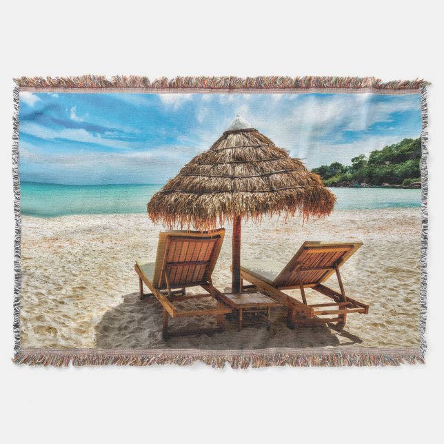 Lounge chairs on beach throw pillow blanket (Front)