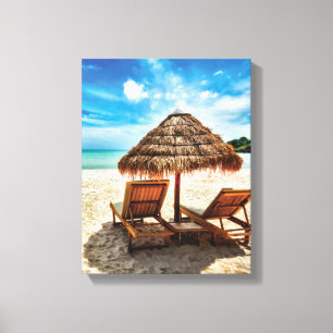 Lounge chairs on beach throw pillow canvas print