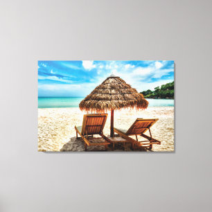 Lounge chairs on beach throw pillow canvas print