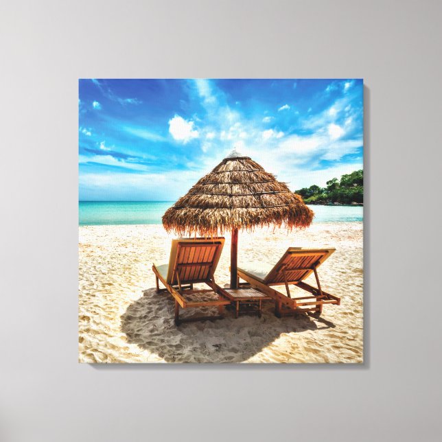 Lounge chairs on beach throw pillow canvas print (Front)