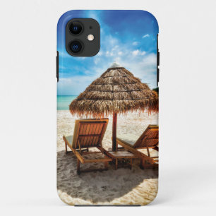 Lounge chairs on beach throw pillow iPhone 11 case