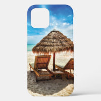 Lounge chairs on beach throw pillow
