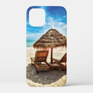 Lounge chairs on beach throw pillow iPhone 12 mini case