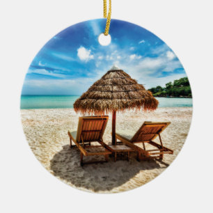 Lounge chairs on beach throw pillow ceramic ornament
