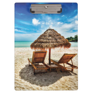 Lounge chairs on beach throw pillow clipboard