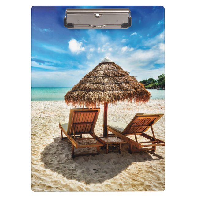 Lounge chairs on beach throw pillow clipboard (Front)