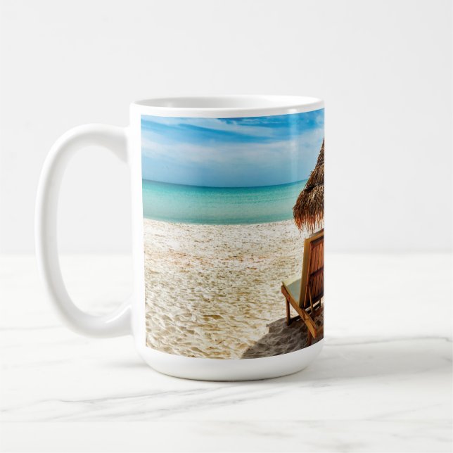 Lounge chairs on beach throw pillow coffee mug (Left)